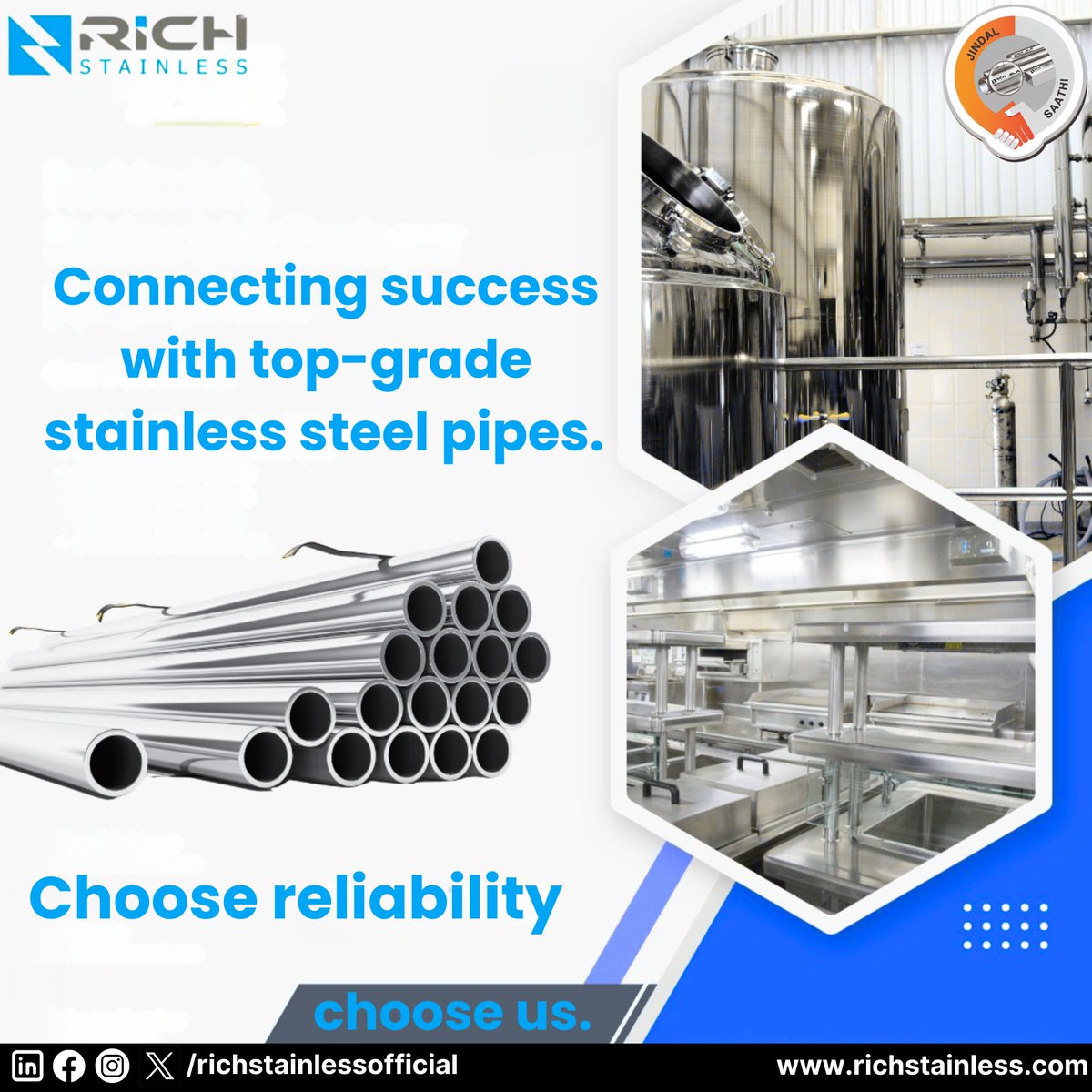 Elevate your projects with our stainless steel pipes. Designed for durability and reliability in every application. #stainlesssteelpipe #metalfabrication #sssheet #stainlesssteelstaircase #richstainless #jindalsteel