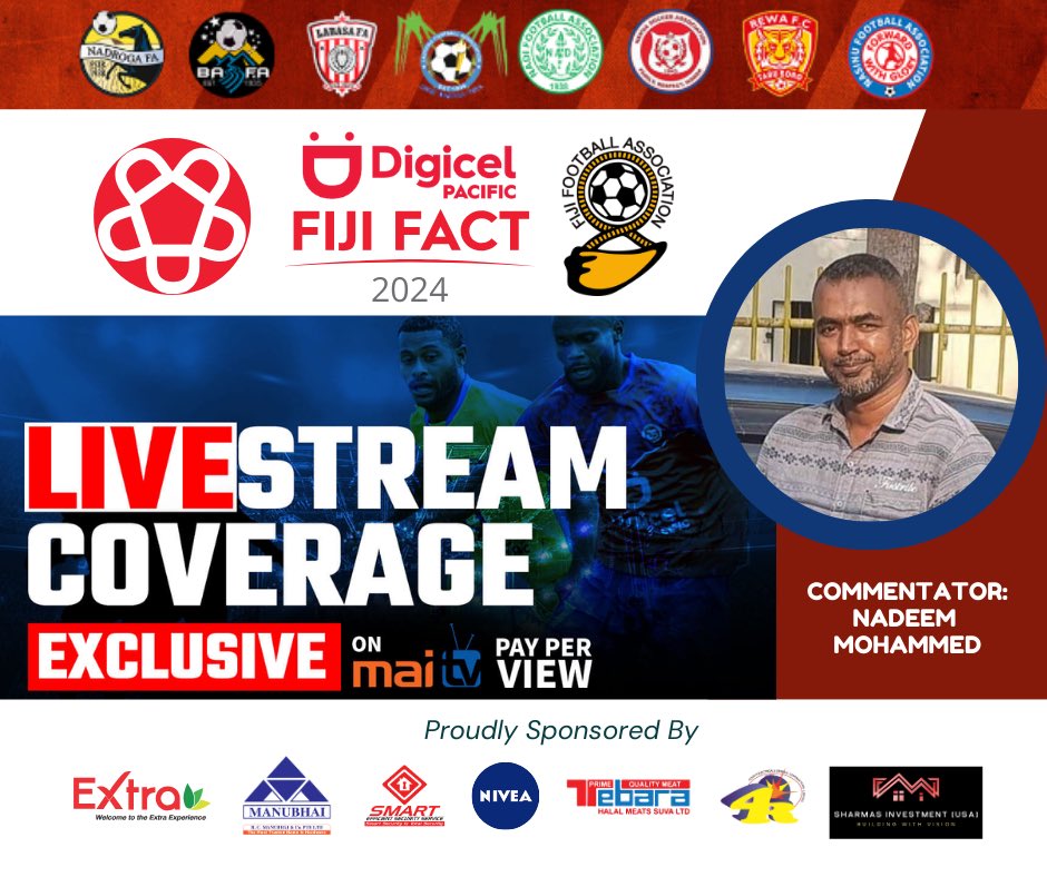maitvfiji's tweet photo. It’s all going down this weekend in Labasa ✊🏾
Catch the semi-finals on Saturday and the finals on Sunday, from the Digicel Pacific Fiji Fact 2024 on Mai TV Pay Per View🔥

Don’t Miss It #Fiji #FijiFootball #FijiFact2024 🇫🇯⚽️ https://t.co/hIJSeWSr6f