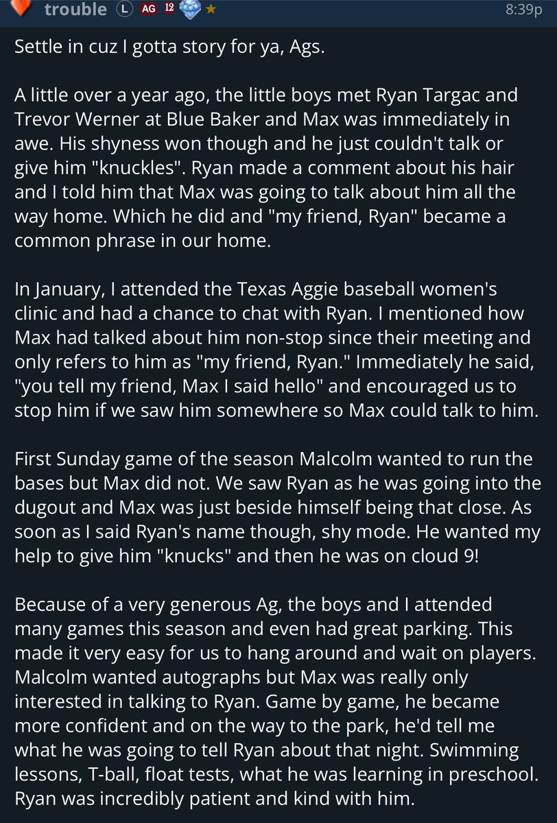 Aggieguy2019's tweet photo. Texas A&amp;M is lucky to have Ryan Targac. An upstanding young man. The embodiment of what it means to be an Aggie.  Great representative honored as the #12. This further exemplifies Ryan’s character. I appreciate the poster sharing. @RyanTargac @CoachSchloss @AggieBaseball #GigEm https://t.co/drs13eYhAs