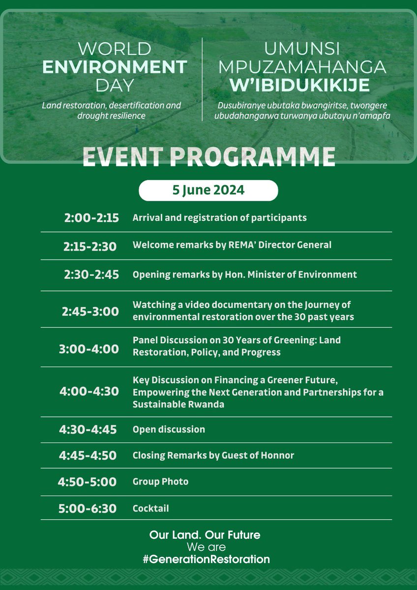 REMA_Rwanda's tweet photo. Happy #WorldEnvironmentDay! 🌍
Join us at @IntareArena as we celebrate and explore Rwanda’s incredible 30-year journey in land and environmental restoration.
Every act counts. Let’s unite and heal our land together! Find below the event programme
#EnvironmentRestoration@30🌿 https://t.co/AYAOYjv0WP