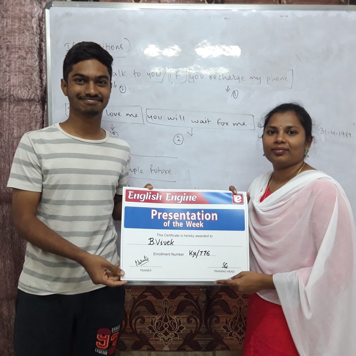 Best Presentor of the week
B.Vivek
English Engine Rewards Each Student For Their Effort towards better Speaking.
For More Details:
Call : 8019646484
Visit : engeng.in
#learnenglishwithenglish_engine
#englishidioms #instaenglish #learnenglishonline #englishlanguage