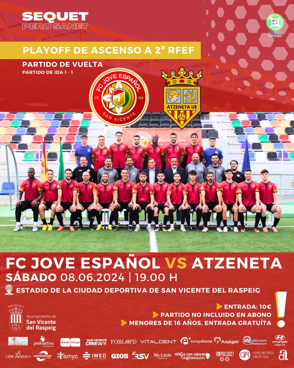 jovesanvicente's tweet photo. 🔥 𝗣𝗹𝗮𝘆-𝗼𝗳𝗳 𝗮𝘀𝗰𝗲𝗻𝘀𝗼 𝟮ª 𝗥𝗙𝗘𝗙🔥
Juntos somos imparables‼️
⚽️ Final - vuelta (Ida 1-1)
📅 Sábado, 8 de junio
🆚️ @Atzeneta_UE
🏟 Ciudad Deportiva San Vicente
🕣 19:00 h
🎟️ 10€ y abonados 2x1.
👧🏼 Niños hasta 16 años gratis.
#VAMOSJOVE
#COMPETIDORESNATOS https://t.co/1GY4KdkWCg