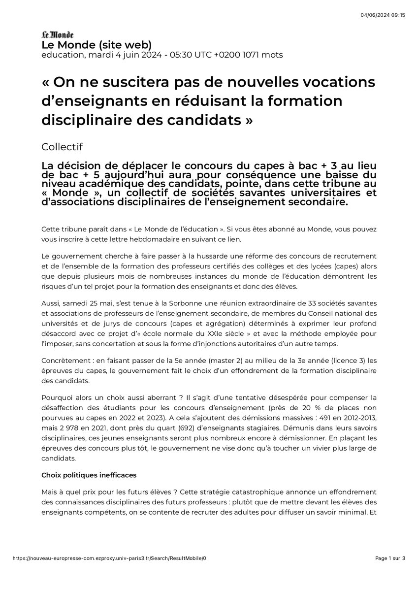 « On ne suscitera pas de nouvelles vocations d’enseignants en réduisant la formation disciplinaire des candidats » <a href="/shmesp/">SHMESP</a> a cosigné cette tribune avec moult sociétés savantes et disciplinaires ! lemonde.fr/education/arti…