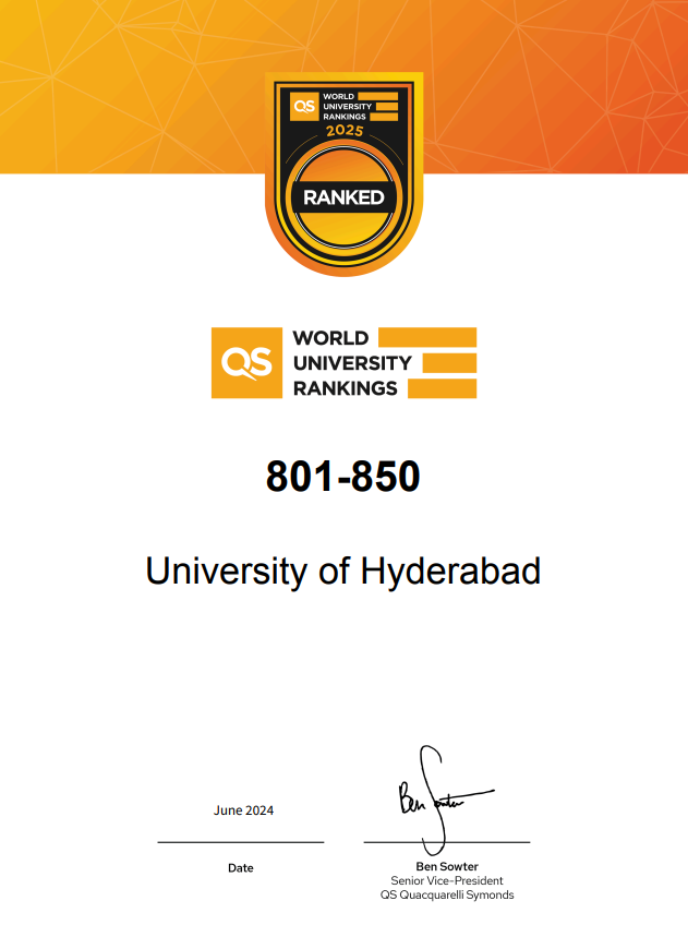 World Ranking - 801-850
Citations per Faculty Ranking - 335

The <a href="/HydUniv/">Univ of Hyderabad</a> has been named as one of the world’s top universities, according to the world’s most-consulted university rankings. The 2025 edition of the QS World University Rankings, released by global higher education