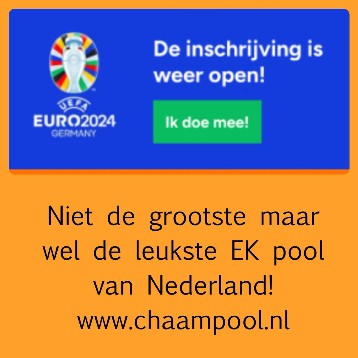 Chaampool's tweet image. Speel mee met de EK Chaampool 2024. Voorspel de uitslagen van de EK wedstrijden en maak kans op mooie prijzen. 
Ga naar Chaampool.nl en schrijf je in. #EK2024 #Germany2024 #Euro2024 #Oranje