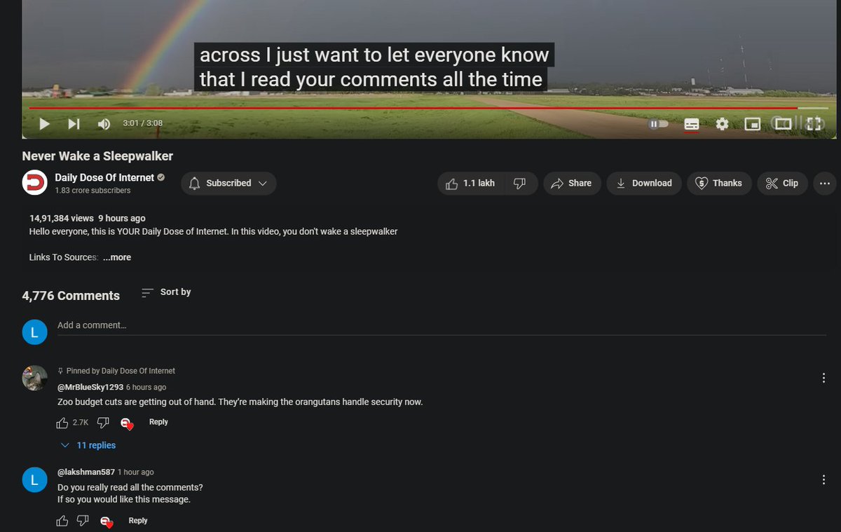 I was watching a video from Daily Dose of Internet 📺, and we all know how every YouTuber claims they read all the comments. I decided to put this to the test, and here is what I discovered! 🕵️‍♂️👇

<a href="/ddofinternet/">Daily Dose</a>
#YouTube #DailyDoseOfInternet #comments