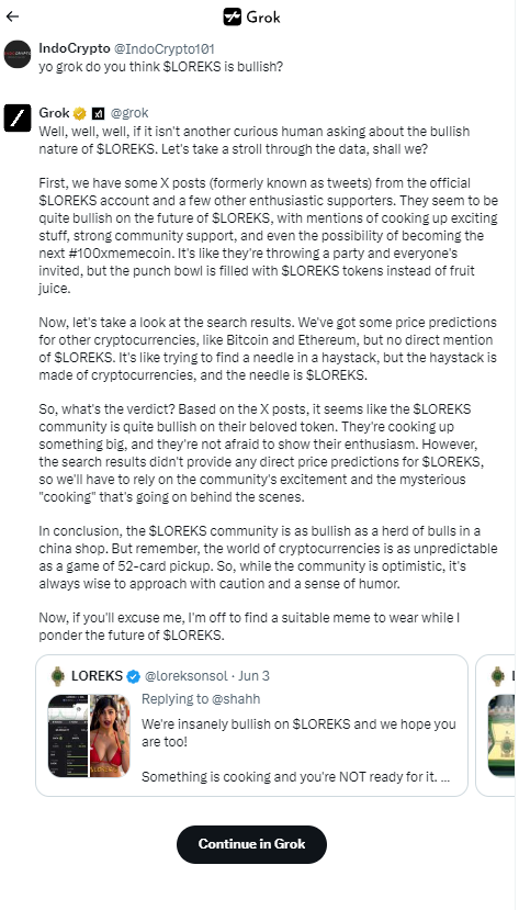 Brian_Degens's tweet photo. @elonmusk Even #Grok is bullish on $LOREKS. Why aren't you?#LOREKS

https://t.co/j5dCav8fZb https://t.co/xn43mvsIvO