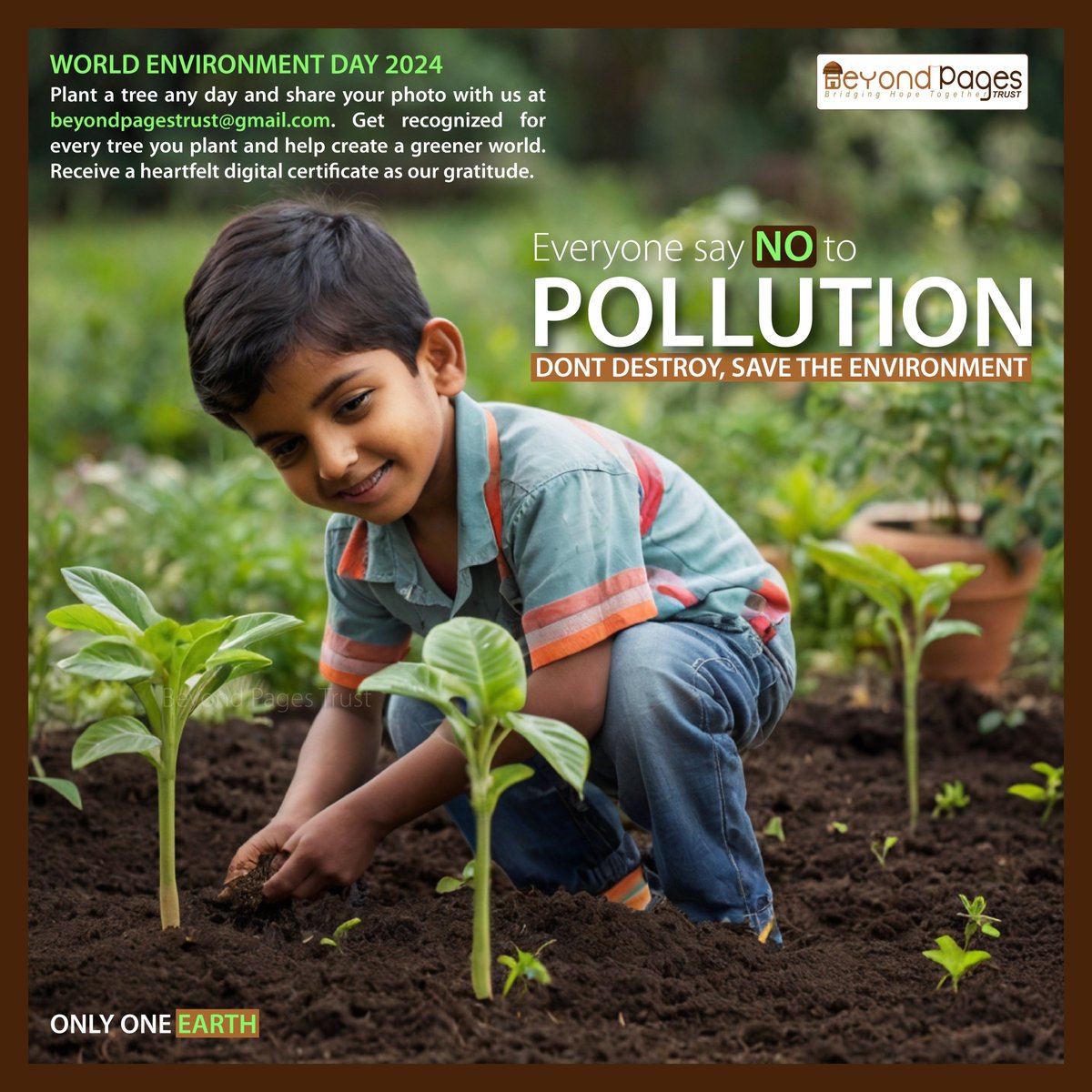 BeyondPagesTrus's tweet photo. WORLD ENVIRONMENT DAY 2024 🌱🌳
Plant a tree any day and share your photo with us at beyondpagestrust@gmail.com. Get recognized for every tree you plant. Receive a heartfelt digital certificate as our gratitude.

ONLY ONE EARTH🌍
#worldenvironmentday #plantatree #beyondpagestrust https://t.co/EoRAQyOgsS