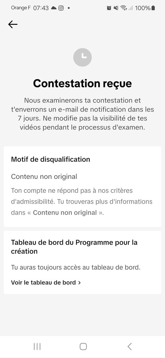 <a href="/tiktok_France/">TikTok France</a> : Chacune de mes vidéos se fait disqualifier sans aucune raison depuis le départ. Je suis sans cesse dans l’obligation de contester à chaque fois !
Et désormais c'est mon compte entier qui est disqualifier !

Merci de me rendre ce qui m’appartient.
