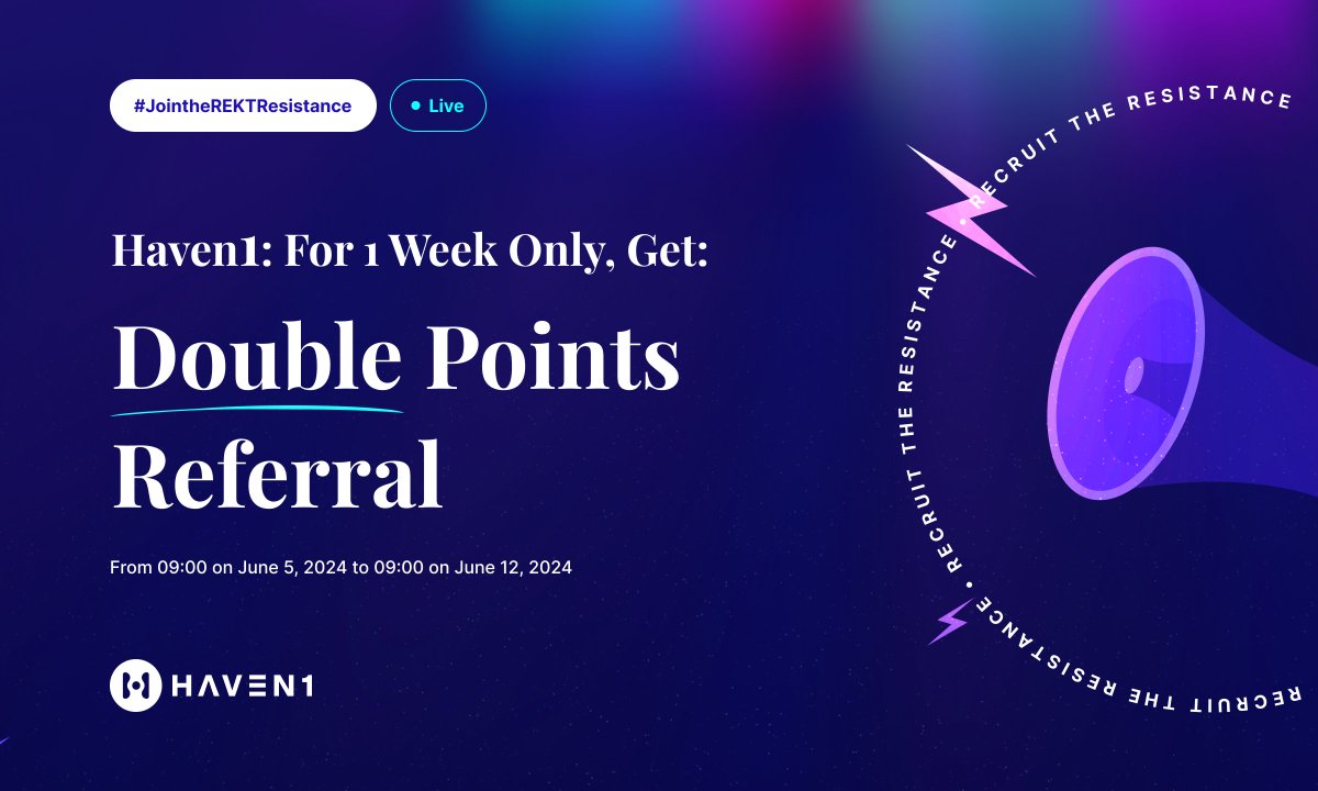 Haven1official's tweet photo. 🔔The Haven1 Double Referral Points is LIVE!📢

Now’s Your Chance to DOUBLE Your Referral Rewards!
💰 Don’t miss out on our limited-time Double Referral Points event! It’s the perfect opportunity to maximize your Haven1 airdrop rewards🪂

Here’s how it works:

🔗 Share Your Referral Code: Share your unique code with everyone you know.

👋 Invite Friends: Encourage them to register on Haven1.

🪙🪙Earn Double Points: For every referral who registers, connects their wallet, joins Haven1 on Discord and mints their Haven1 Passport (POI), you’ll earn DOUBLE the points!

It’s for a limited time only and runs until June 12th, so start referring now and watch your rewards multiply!
#Haven1 #DoubleRewards #ReferralProgram #DeFi #Web3