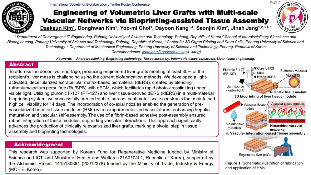 Daekeun_Kim8's tweet photo. Thrilled to share our research on the fabrication of volumetric liver tissue constructs by using 3D bioprinting-assisted tissue assembly at the #Biofab2024 Twitter poster conference powered by @ISBioFab 🎉
Excited for the discussions and insights from fellow researchers😁 https://t.co/nouBd8fY88