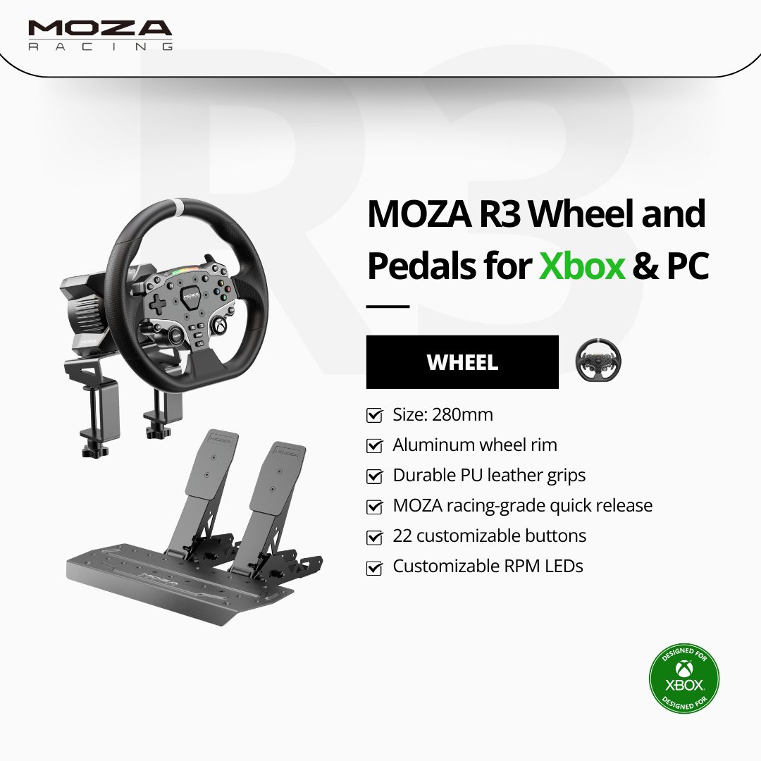 moza_racing's tweet photo. 🕹 Rev up your console gaming experience for just $399 with the MOZA R3 Racing Wheel and Pedals for Xbox and PC! 

Ready to ship! 🛒 Grab yours now: https://t.co/1Spnh77G8R

#MOZA #MOZAR3 #Xbox #ConsoleGaming #Console #mozaracing #simracing #racingbundle #DD