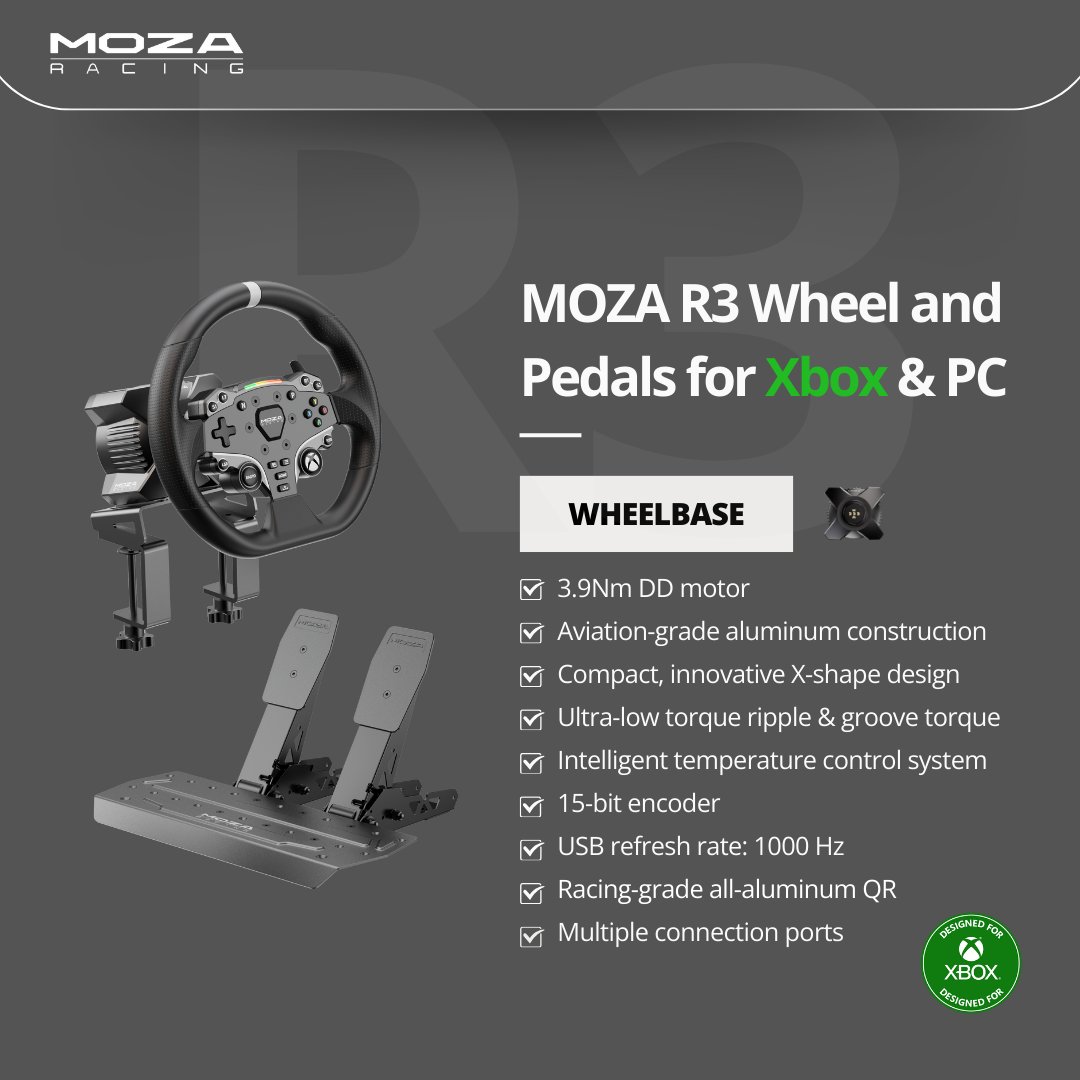 moza_racing's tweet photo. 🕹 Rev up your console gaming experience for just $399 with the MOZA R3 Racing Wheel and Pedals for Xbox and PC! 

Ready to ship! 🛒 Grab yours now: https://t.co/1Spnh77G8R

#MOZA #MOZAR3 #Xbox #ConsoleGaming #Console #mozaracing #simracing #racingbundle #DD