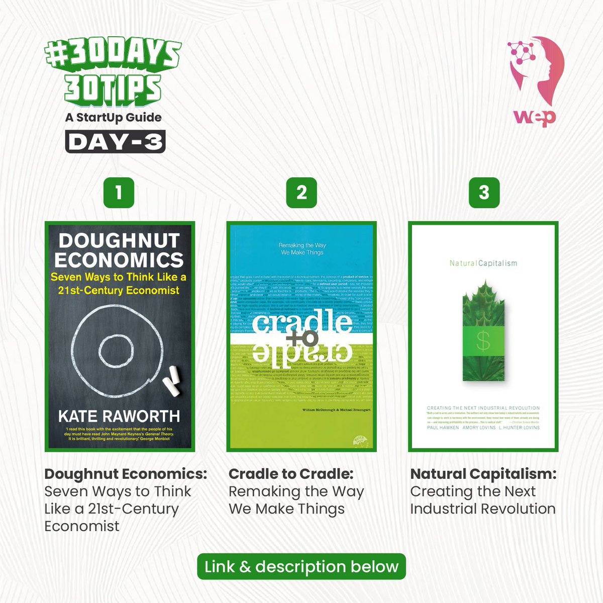 wep_community's tweet photo. Tip 3: Essential reads for greenpreneurs!
Doughnut Economics 🔗https://t.co/ZMrYtA7U7u
Cradle to Cradle 🔗https://t.co/vP67onwjcw
Natural Capitalism 🔗https://t.co/koGSkLPMzd
New tip daily at 12 PM! 🌱
#Sustainability #GreenEntrepreneurship #30Days30Tips #WorldEnvironmentDay https://t.co/VP8qWpHksO