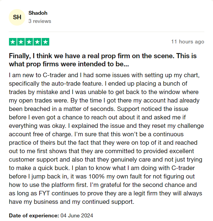 "I explained the issue and they reset my challenge account free of charge"

We are glad we could sort this issue with one of our recent $25K traders🤝

Join FundYourTrading today➡️fundyourtrading.io