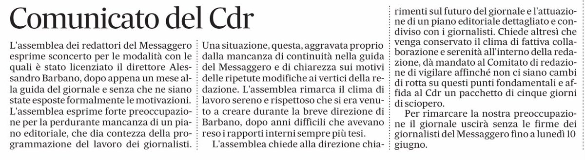 Al <a href="/ilmessaggeroit/">Il Messaggero</a> sciopero delle firme fino a lunedì 10.