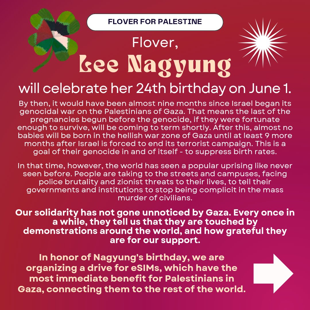 filastin_9's tweet photo. UPDATE‼️
New development for our Nagyung birthday eSIMs drive!
We have decided to collaborate with @najungiesims, ARMY's experienced eSIM fundraiser, whom we can rely on to deliver eSIMs to Palestinians in Gaza timely and effectively.
See updated info⬇️ https://t.co/XsdCAvaSk4