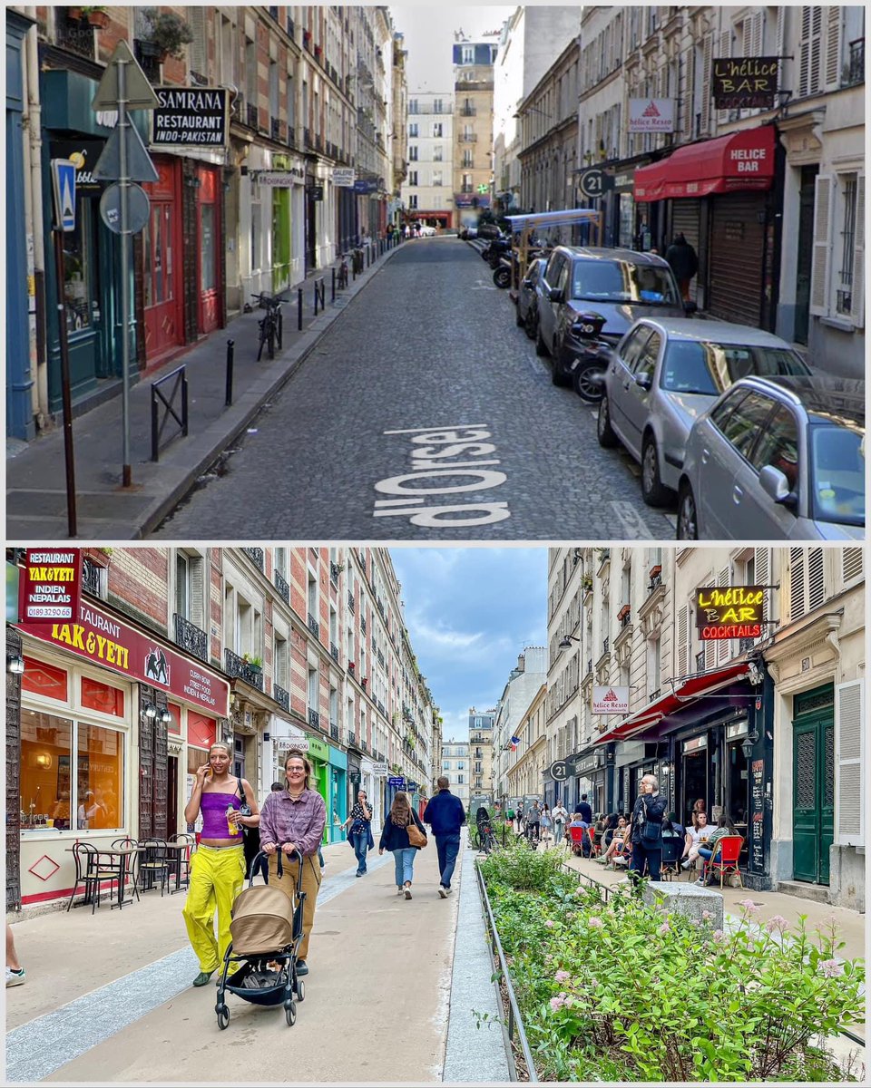 Als ik sommigen hier op X moet geloven staat het bovenste plaatje voor ‘vrijheid’ en het onderste voor ‘dogma’. 
Gelukkig voor de vrijheid van kinderen, bewoners en handelaars toont het onderste plaatje de recente transformatie van een schoolstraat in Parijs.
(pic. <a href="/modacitylife/">Melissa & Chris Bruntlett</a>)