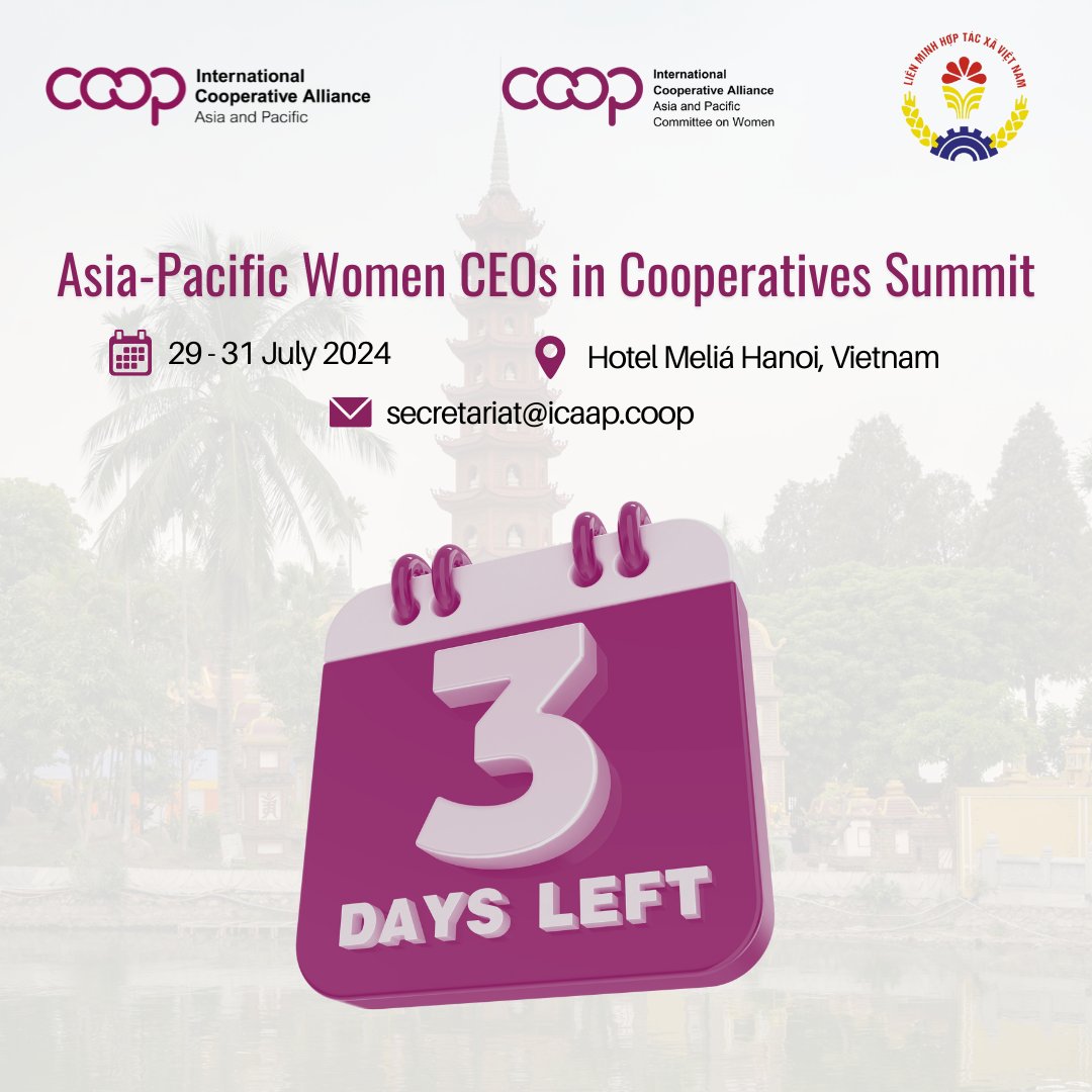 #CoopWomen in leadership roles—CEOs, Deputy CEOs, Managing Directors, Deputy MDs, Chairpersons, and Vice-Chairpersons—are eligible to apply.

Hurry, only 3 days left before registration closes!!

Get all the details ➡️🔗 icaap.coop/Women-CEOs-in-…