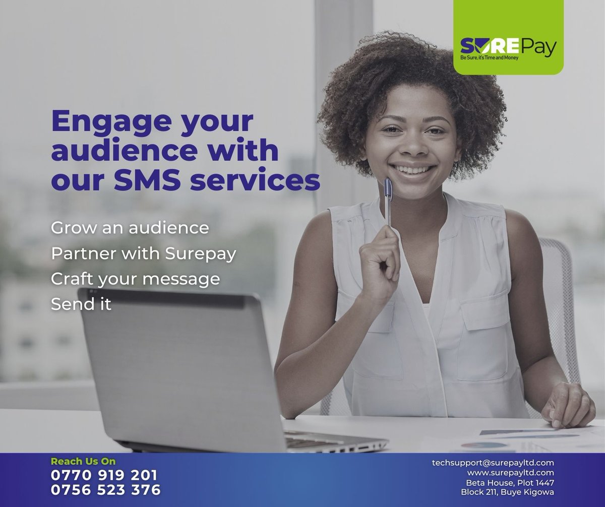 SurepayLimited's tweet photo. Engage your audience and grow your business with SurePay's SMS services, partner with us, craft your message, and send it effortlessly. Contact us today at 0770 919 201 or 0756 523 376 or visit our website at https://t.co/OJKxz4EoND.
#bulksms #bulksmsservice #surepayltd https://t.co/Rxm0iDZHnF