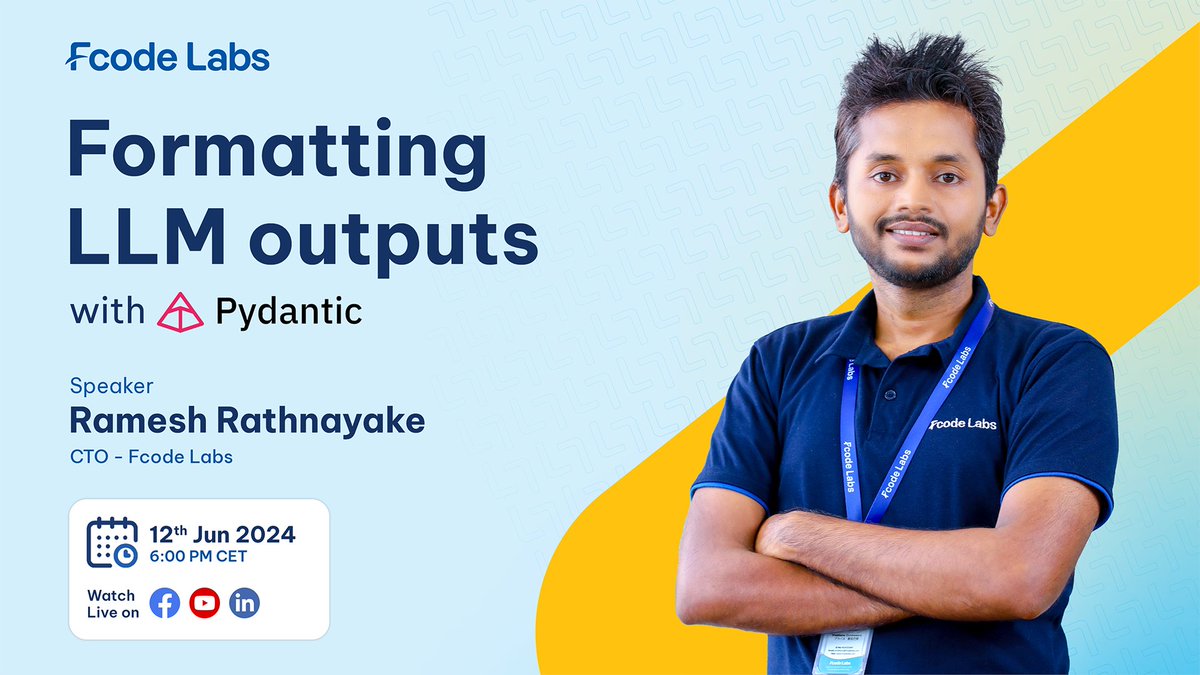 FcodeLabsLive's tweet photo. 𝗟𝗲𝘃𝗲𝗹 𝘂𝗽 𝘆𝗼𝘂𝗿 𝗟𝗟𝗠 𝘄𝗼𝗿𝗸𝗳𝗹𝗼𝘄! 💻🚀

Join Ramesh, our CTO, for an insightful online workshop on Wednesday, June 12th, 2024 (6:00 PM CET). 
Learn how to format LLM outputs with Pydantic to achieve reliable and efficient LLM results.

#LLMOutputs #FcodeWorkshop https://t.co/itkAQxa8Cz