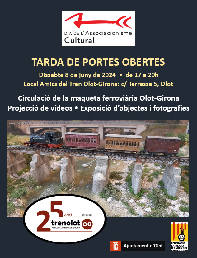 trenolot's tweet photo. ▶️ Dia de l'Associacionisme Cultural
🔴 Tarda de portes obertes
📆 Dissabte, 8 de juny de 2024
⏰ De 17 a 20 hores
📌 Local social: c/ Terrassa, 5, Olot
🚂🚃🚃 Amics del Tren Olot-Girona
@fcaf_cat @Olotuit @OlotCultura #Olot #femOlot #Garrotxa #trenolot @PepBergaVayreda https://t.co/tfMPKfolEC