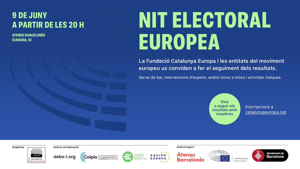 🗳️ Vine a seguir les eleccions europees amb nosaltres!

🇪🇺 Des de les 8 del vespre, segueix en directe els resultats, des de <a href="/ateneubcn/">Ateneu Barcelonès</a> 📍

🤝 Organitza <a href="/catalunyaeuropa/">Fundació Catalunya Europa</a>, i des de <a href="/debat_org/">deba-t.org</a> hi col·laborem!

👉 Inscripcions aquí: inscribirme.com/nitelectoraleu…
