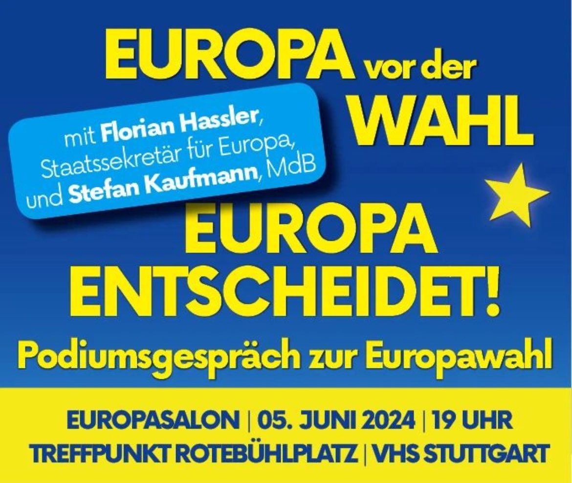 Annette Ruess 🇪🇺 (@annetteruess) on Twitter photo Herzliche Einladung zum #Europasalon von <a href="/PulseofEurope/">@PulseofEurope</a> Stuttgart heute Abend um 19 Uhr in der vhs Stuttgart mit Staatssekretär Florian Hassler und MdB <a href="/StefanKaufmann/">Stefan Kaufmann</a>. Gute Gelegenheit, um Fragen rund um die #Europawahl zu klären. 👉 vhs-stuttgart.de/programm/kurss… Herzliche Einladung zum #Europasalon von <a href="/PulseofEurope/">@PulseofEurope</a> Stuttgart heute Abend um 19 Uhr in der vhs Stuttgart mit Staatssekretär Florian Hassler und MdB <a href="/StefanKaufmann/">Stefan Kaufmann</a>. Gute Gelegenheit, um Fragen rund um die #Europawahl zu klären. 👉 vhs-stuttgart.de/programm/kurss…