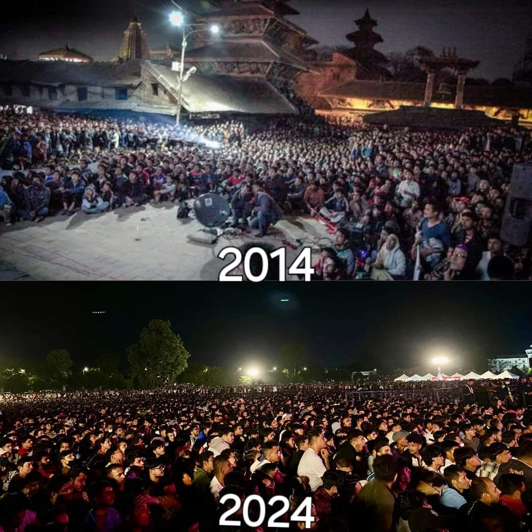 CricketBadge's tweet photo. Iconic images of fan support 10 years apart in Kathmandu, the decade wait to get back to the World Cup has only grown the fervour and passion for cricket 🇳🇵

Such great scenes for our sport.

#T20WorldCup https://t.co/f4H5TjcpRC