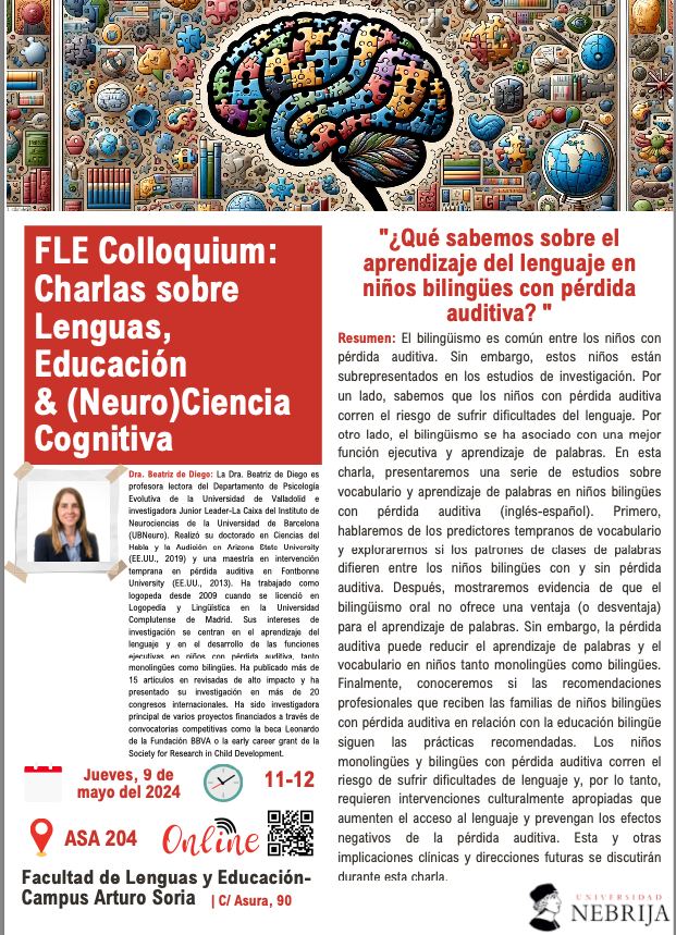 alicialuque's tweet photo. Hace unos días tuvimos la inmensa suerte de contar con @beadiegolazaro en nuestro #FLEColloquium (@Nebrija @NebrijaLenguas @CINCnebrija) con una charla fascinante sobre aprendizaje del lenguaje en niños bilingües con pérdida auditiva que nos llenó de inspiración. ¡Gracias mil! 🤩 https://t.co/kVAtndkH2d