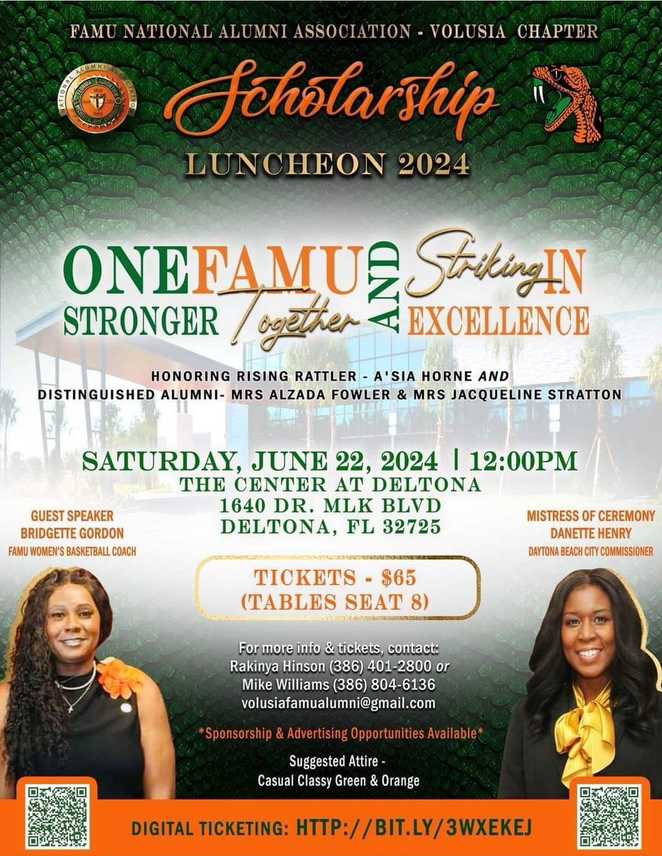 #CoachBigPressure, Bridgette Gordon is coming home to Volusia County as the guest Speaker for the 2024 Scholarship Luncheon!

The community is invited! Join us on June 22, 2024 at the Center at Deltona.

Tickets available online - bit.ly/3WxekEj

#FAMU