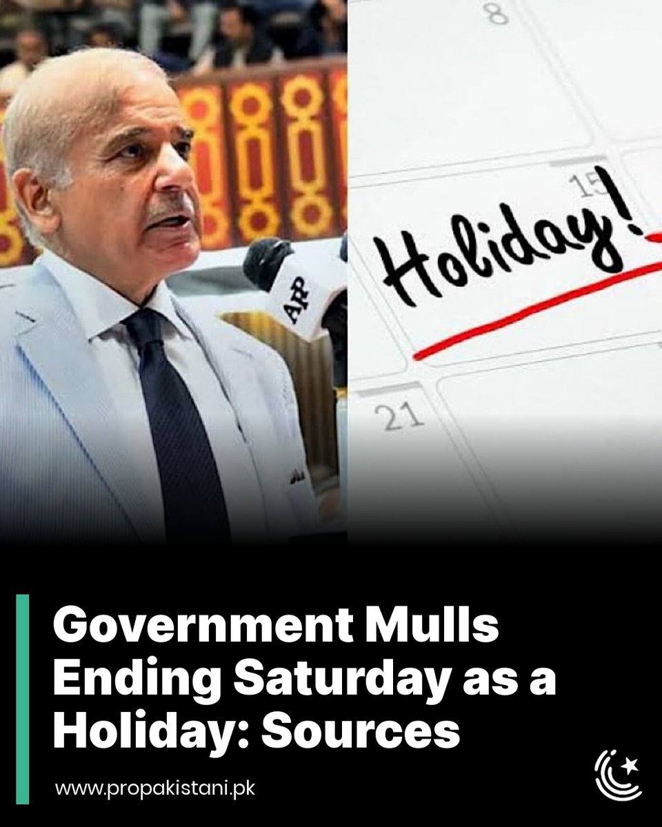 ProPakistaniPK's tweet photo. The Cabinet Division has asked all ministries to provide suggestions regarding the potential cancellation of Saturday as a holiday.
Read More: https://t.co/xQ2H6k1gRw
#Saturday #WeeklyHoliday #Government #Pakistan #FederalCabinet https://t.co/NBbdzGVYsc