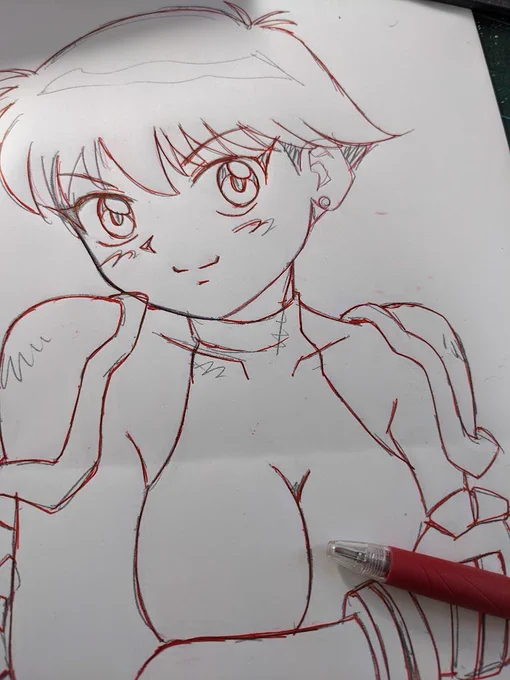 #ジャパンコミックエキスポ のとき会場でご依頼いただいたコミッションの制作過程です。おなじみ新キャラの六道美久・カラー・バストショットです。リクエストありがとうございます!①ラフを描きます②ラフ画を仕上げます③裏からシャーペンで塗りつぶします④色紙にあててボールペンでなぞります 
