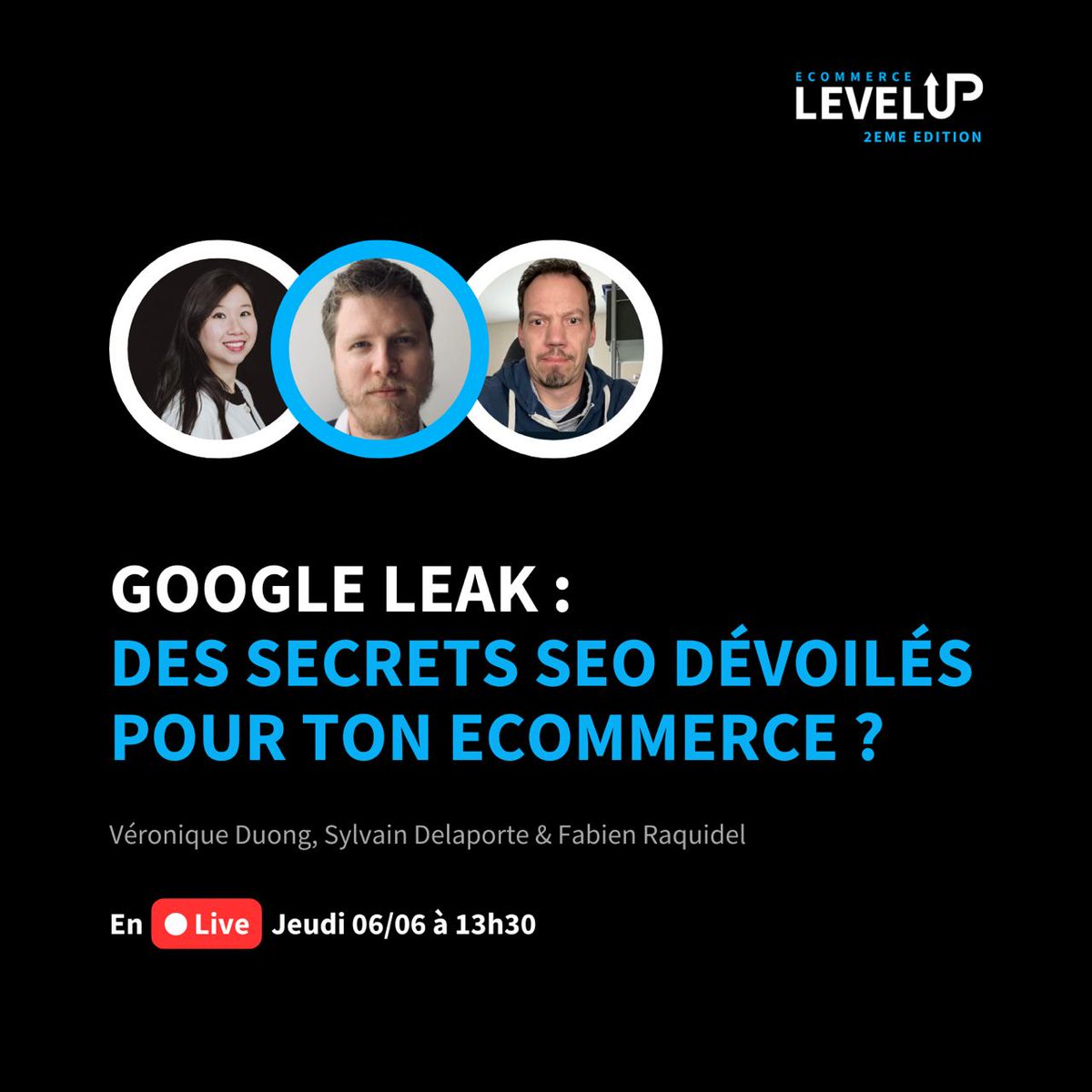 Google Leaks, on entend tout, son contraire, et surtout n'importe quoi : des secrets SEO dévoilés pour ton e-commerce ?
Avec <a href="/veroduong/">Veronique Duong-Nguyen - SEO Google & Baidu</a>, <a href="/Sylvain2laporte/">Sylvain Delaporte</a> et <a href="/fabienr34/">Fabien SEO ✳️</a>

RDV jeudi 13h30 en live ici sur Twitter ou Youtube
(lien en bio)