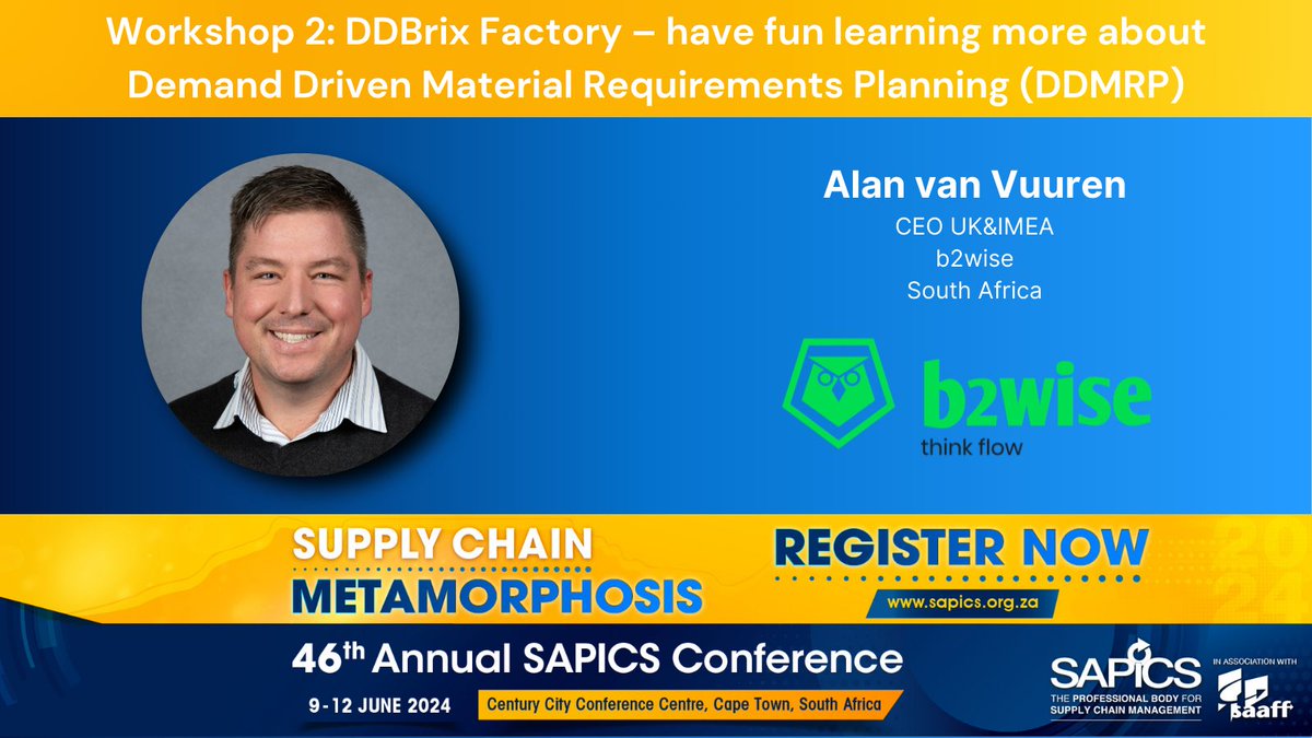 SAPICS (@sapics01) on Twitter photo Join Alan Jansen van Vuuren from b2wise at the 2024 SAPICS Conference!
Alan will be presenting Workshop 2 on Sunday the 9th of June: DDBrix Factory – have fun learning more about Demand Driven Material Requirements Planning (DDMRP) Join Alan Jansen van Vuuren from b2wise at the 2024 SAPICS Conference!
Alan will be presenting Workshop 2 on Sunday the 9th of June: DDBrix Factory – have fun learning more about Demand Driven Material Requirements Planning (DDMRP)