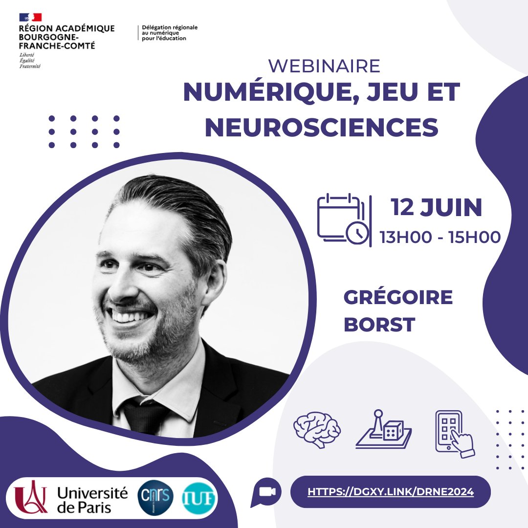 Délégation régionale au numérique pour l’éducation (@drnebfc) on Twitter photo Dans le cadre de nos parcours d'accompagnement aux usages du numérique, la <a href="/DrneBFC/">Délégation régionale au numérique pour l’éducation</a> avec l'appui de <a href="/EAFC_Dijon/">EAFC Dijon</a>, vous invite au webinaire: "Numérique, jeu et neurosciences" animé par M. Grégoire Borst.
🗓 Mercredi 12 juin
🕐 13h00 - 15h00
🔗 …academique-bourgogne-franche-comte.fr/webinaire-nume… Dans le cadre de nos parcours d'accompagnement aux usages du numérique, la <a href="/DrneBFC/">Délégation régionale au numérique pour l’éducation</a> avec l'appui de <a href="/EAFC_Dijon/">EAFC Dijon</a>, vous invite au webinaire: "Numérique, jeu et neurosciences" animé par M. Grégoire Borst.
🗓 Mercredi 12 juin
🕐 13h00 - 15h00
🔗 …academique-bourgogne-franche-comte.fr/webinaire-nume…