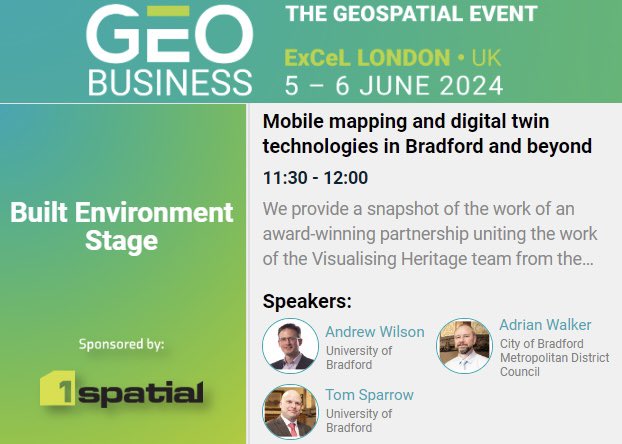 #GEOBusinessShow 5 - 6th June. 
We’re there tomorrow relating how our open digital twin provides a pivotal component of Bradford’s Digital Strategy. Come and see us at the Built Environment Stage 11:30 ‘till 12:00