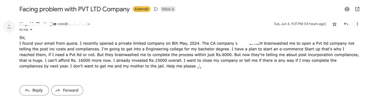 FCSJigarShah's tweet photo. Please consult a good consultant before starting Company

Yes there are many (name is hidden deliberately) doing it at throw away price but it comes with a lot of riders

I must have received 100s of emails like these after getting trapped. 

#CSTwitter https://t.co/LCkf5AjDYI