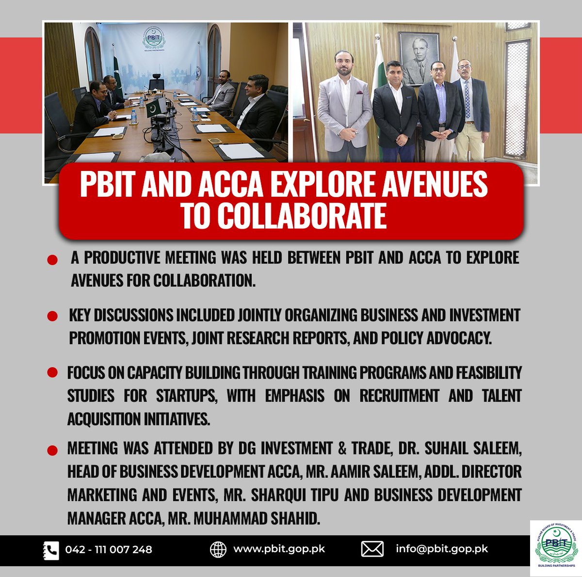 Punjab Board of Investment and Trade (@pbitofficial) on Twitter photo A meeting held between <a href="/PbitOfficial/">Punjab Board of Investment and Trade</a> and <a href="/ACCA_PK/">ACCA Pakistan</a> to explore avenues for collaboration.
#pbit #punjab #PunjabEase #ACCA #Collaboration #policy #policy_Advocacy #training #startup #recruitment #growth #BusinessGrowth #Investment #EconomicDevelopment A meeting held between <a href="/PbitOfficial/">Punjab Board of Investment and Trade</a> and <a href="/ACCA_PK/">ACCA Pakistan</a> to explore avenues for collaboration.
#pbit #punjab #PunjabEase #ACCA #Collaboration #policy #policy_Advocacy #training #startup #recruitment #growth #BusinessGrowth #Investment #EconomicDevelopment