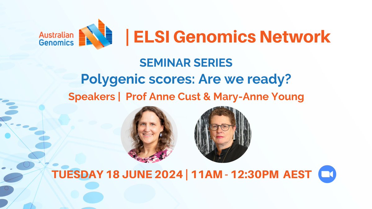 Australian Genomics (@ausgenomics) on Twitter photo ๐๏ธ Join the #ELSInetwork seminar on Tue 18/6 at 11am (AEST). Prof <a href="/AnneECust/">Anne Cust</a> & Mary-Anne Young will explore ethical, legal & social issues of #polygenic scores in healthcare.
Register ๐ tinyurl.com/bdtzau8e
<a href="/biomedethics/">Prof. Ainsley Newson ๐๐๐๐๐</a> #ELSI #genomics #seminar #bioethics ๐๏ธ Join the #ELSInetwork seminar on Tue 18/6 at 11am (AEST). Prof <a href="/AnneECust/">Anne Cust</a> & Mary-Anne Young will explore ethical, legal & social issues of #polygenic scores in healthcare.
Register ๐ tinyurl.com/bdtzau8e
<a href="/biomedethics/">Prof. Ainsley Newson ๐๐๐๐๐</a> #ELSI #genomics #seminar #bioethics