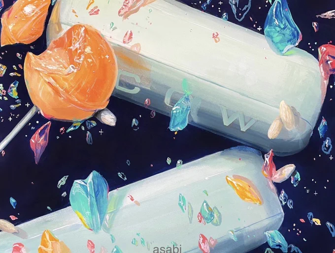 教室の生徒作品。チュッパチャプス、青箱石鹸、米菓子。B3サイズ、M画用紙、アクリルガッシュ。 