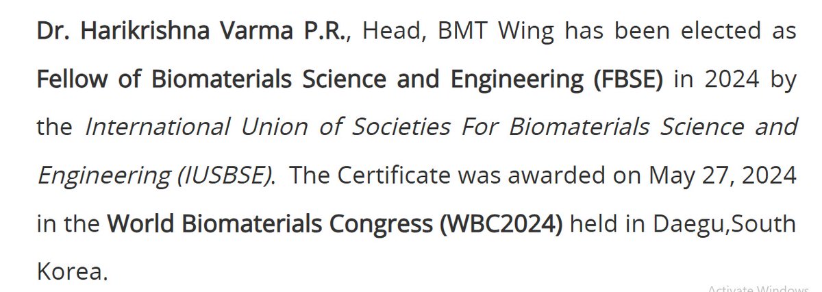 sctimst_tvm's tweet photo. Congratulations💐
Dr. Harikrishna Varma P.R., Head, BMT Wing, SCTIMST has been elected as Fellow of Biomaterials Science and Engineering (FBSE) in 2024 by the International Union of Societies For Biomaterials Science and Engineering (IUSBSE).  👏 https://t.co/qIm0eSuVIr