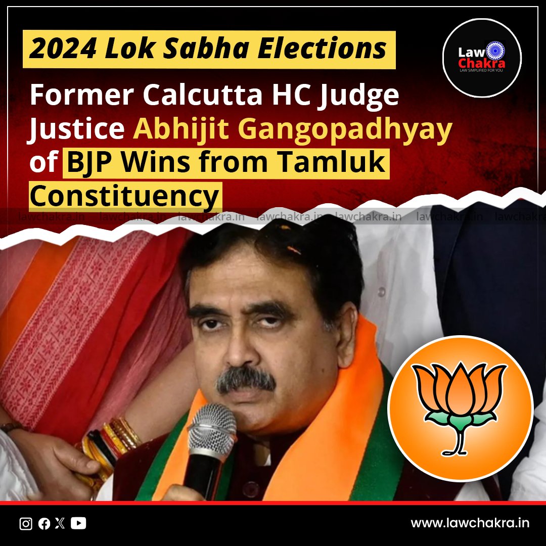 LawChakra's tweet photo. 🗳️ Justice Abhijit Gangopadhyay, former Calcutta HC Judge, secures victory for BJP in the Tamluk Constituency in the 2024 Lok Sabha Elections.
Read More at: https://t.co/xY4RlXumfc
#LokSabhaElections #BJP #AbhijitGangopadhyay #Tamluk #Victory #FormerJudge https://t.co/V5qbLlxx99