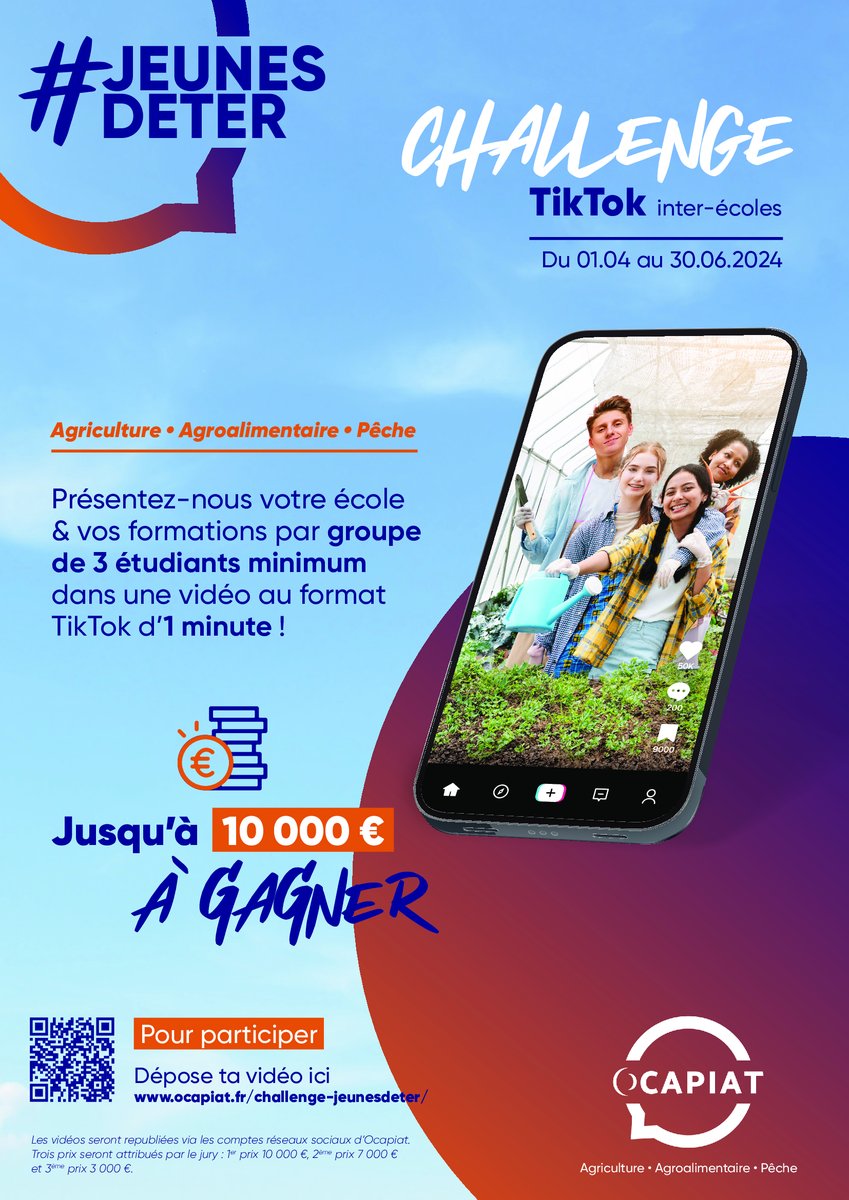 ocapiat's tweet image. 📱 #JeunesDéter organise un challenge Tik Tok ! 

 🚀 A vous de jouer pour mettre en avant en 1 minute maximum votre formation et votre école ! 

 🙏 Alors ? Challenge accepté ?!  👀