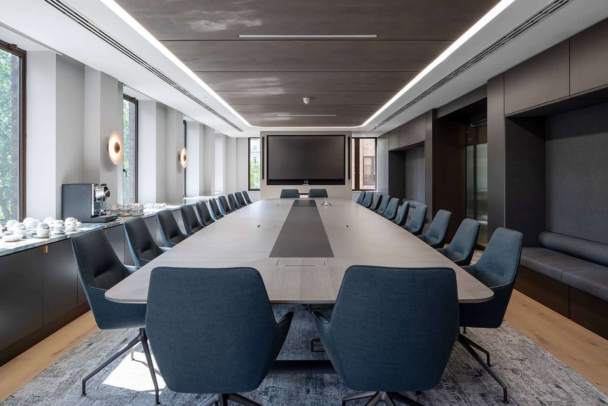 We were selected to make a range of furniture for the new offices of Greenhill. Central to the project was a 24-seat boardroom table, alongside a selection of smaller meeting tables, specified with our Resolve table bases, Soft Lift &amp; Face to Face connectivity pods #officedesign