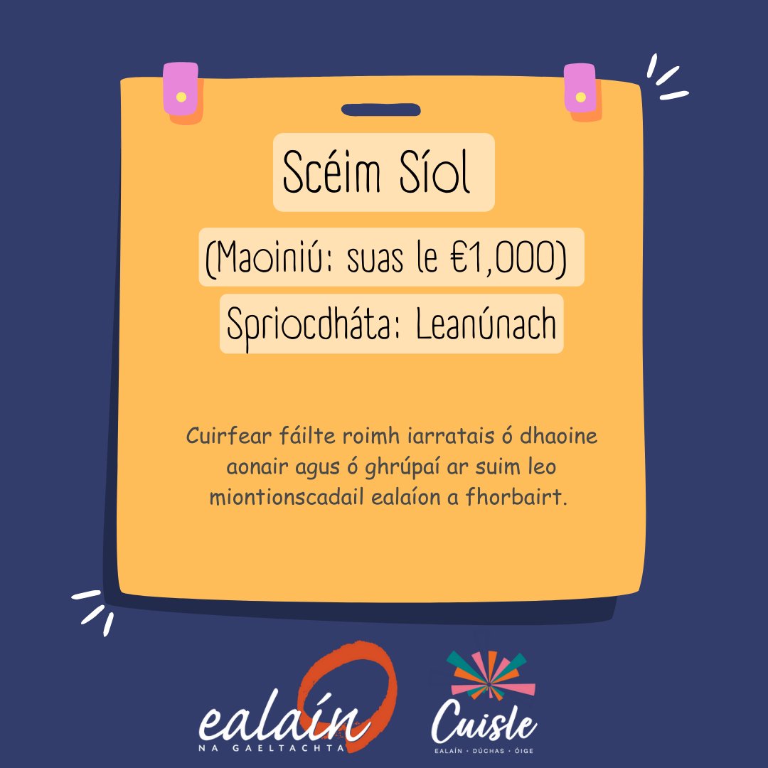 EnaGaeltachta's tweet photo. Scéimeanna Ealaín na Gaeltachta 2024.

Scéim Síol
Cuirfear fáilte roimh iarratais ó dhaoine aonair agus ó ghrúpaí ar suim leo miontionscadail ealaíon a fhorbairt. Uasmhéid maoiniú: €1,000

Déan teagmháil linn: ealain@udaras.ie
Tuilleadh eolais: https://t.co/SQiKAbmUgh https://t.co/vhi4LdWCqu