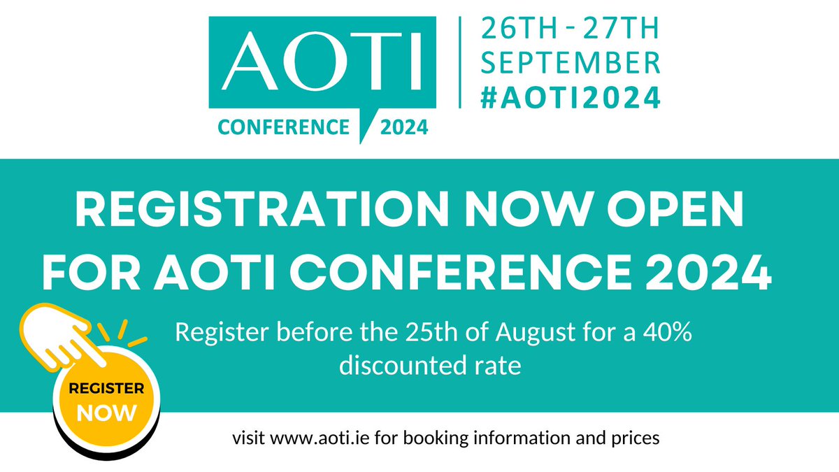 📣Early Bird Registration for AOTI Conference 2024 is NOW OPEN!! 

🏨Where:  The Mount Wolseley Hotel, Tullow, Carlow
📅When:  26th and 27th Sept 2024

Please see full details about how to register on our website:  ow.ly/KP8850S8yhI  

We hope to see you there!!  #AOTI2024