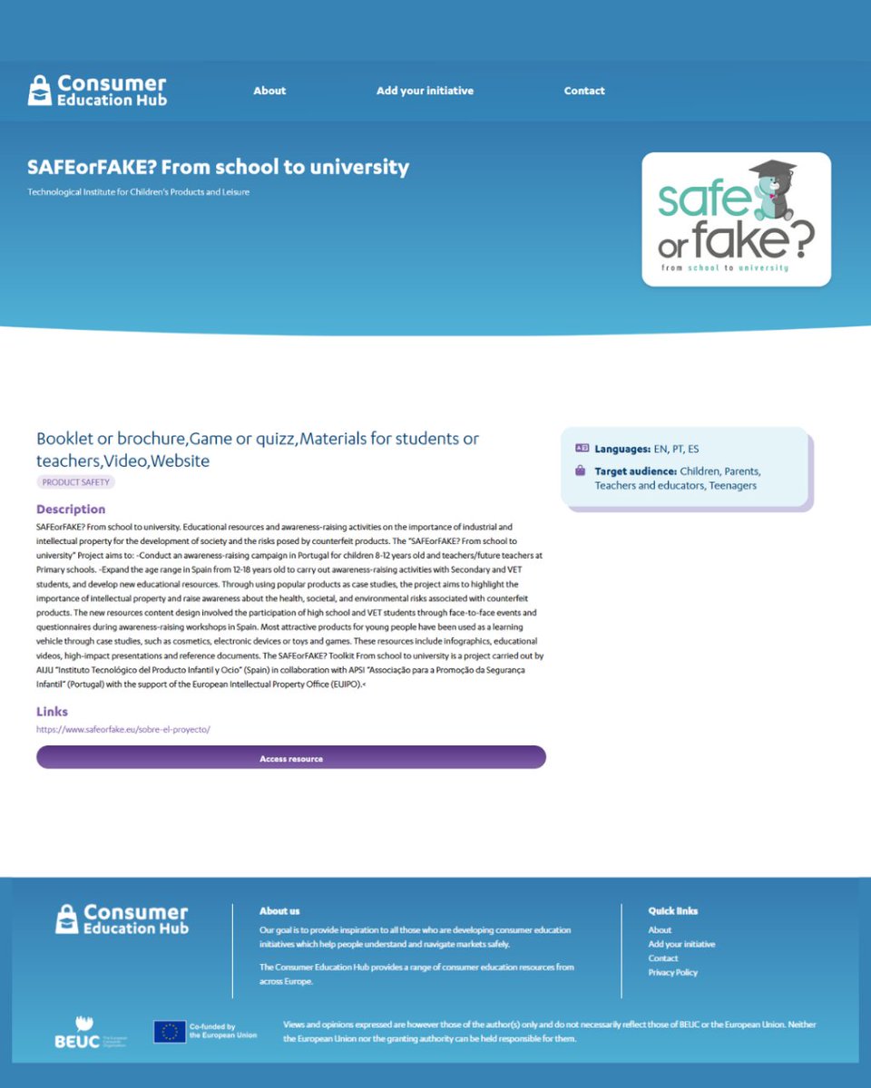 AIJU_Tecnologi's tweet photo. ¡Estamos encantados de participar en la iniciativa #ConsumerEducationHub! El proyecto #SAFEorFAKE?  forma parte de este portal que busca servir de inspiración en el desarrollo de iniciativas de educación para consumidores que ayuden a explorar los mercados con seguridad. https://t.co/EbqCllEFlD