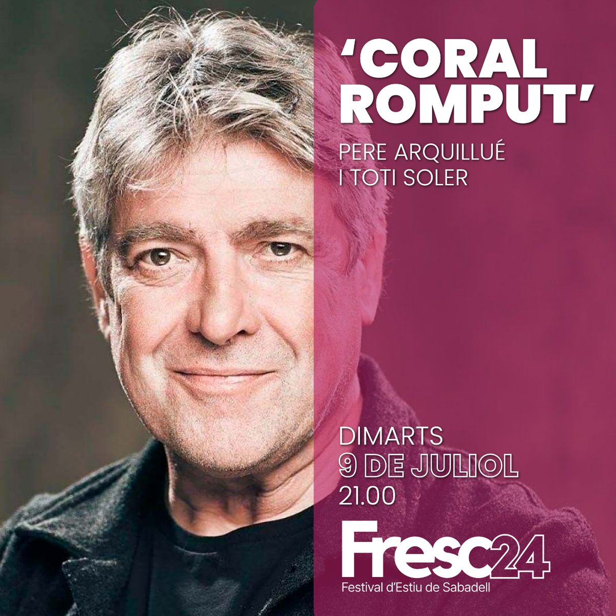 🔝Dos monstres artístics al servei del gran poema de Vicent Andrés Estellés

🪶'Coral romput', amb Pere Arquillué (veu) i Toti Soler (guitarra)
🗓️Dimarts 9 de juliol, 21.30
🌺Amfiteatre de l'<a href="/EspaiCulturaSbd/">Espai Cultura Fundació 1859</a> (Escola Industrial 29, #Sabadell)
🎟️Entrades a i.mtr.cool/jsvvzlteek