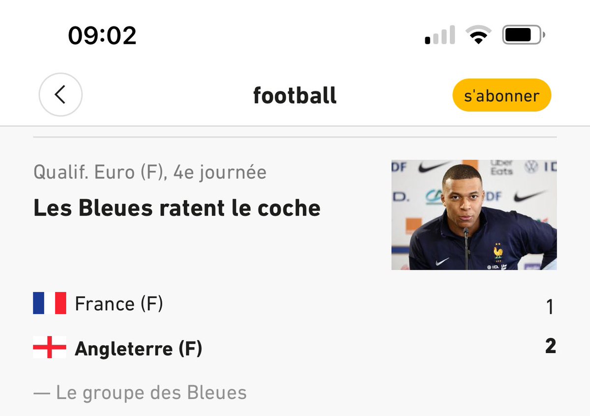 Vu sur <a href="/lequipe/">L'Équipe</a> :
Article sur le match de l’équipe de France féminine avec, pour illustrer, une photo de <a href="/KMbappe/">Kylian Mbappé</a> 🤔🤔🤔